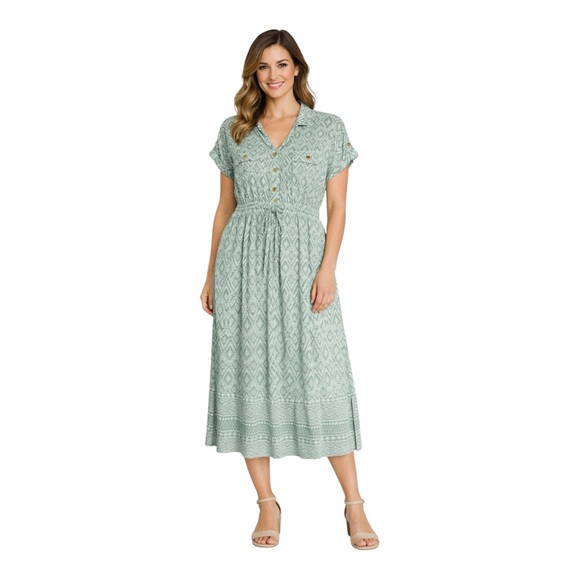 Lucky Brand Dresses & Skirts - Lucky Brand Women's Midi Dress Large Green Print Button Front Short Sleeve Flowy